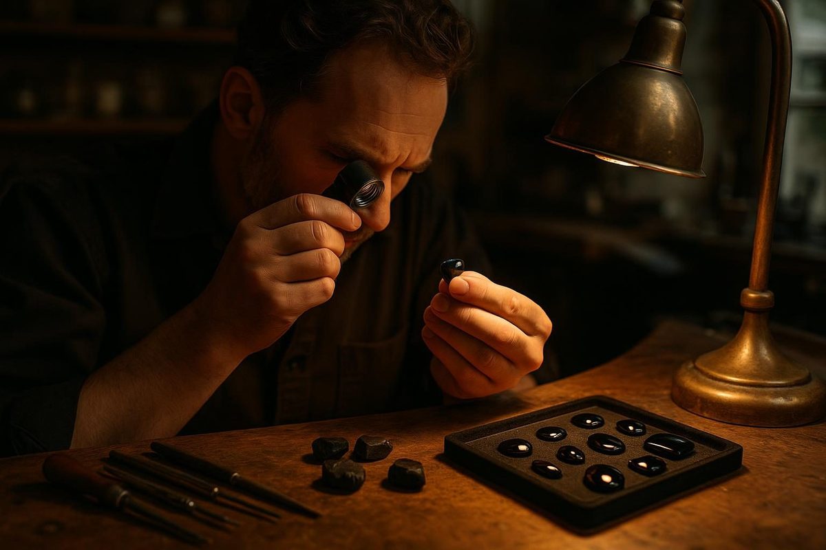 Artisan jeweler examining polished Whitby jet at a traditional workshop bench