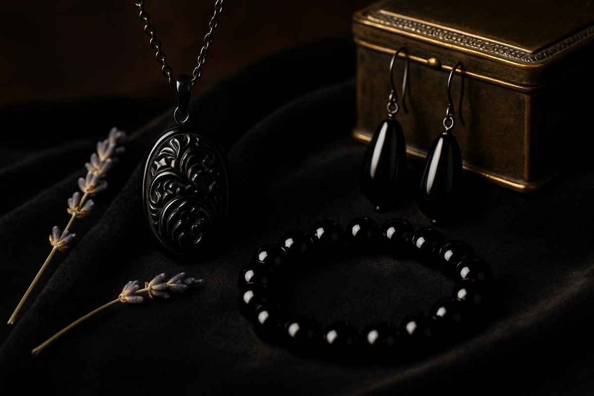 Polished jet jewelry pieces with dark carved details