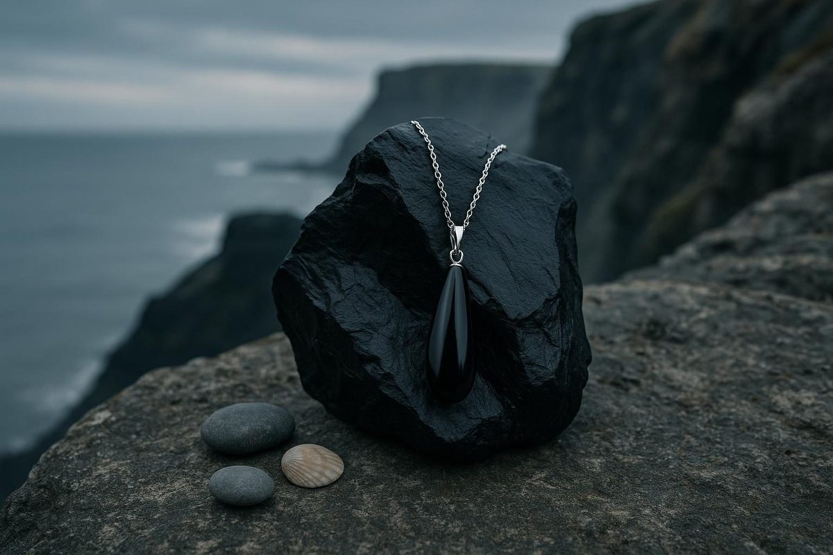 What is jet jewelry - polished pendant on a silver chain draped over raw Whitby material on a coastal cliff setting