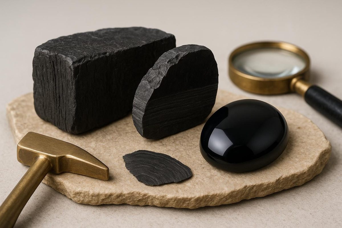 Raw, half-polished, and finished jet stone showing the material stages of jet jewelry
