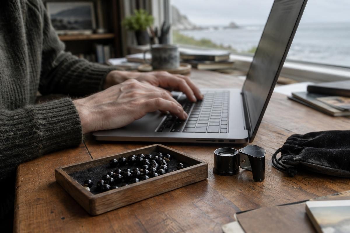 Typing a question about a jet jewelry piece on a laptop beside polished beads and a jeweler loupe